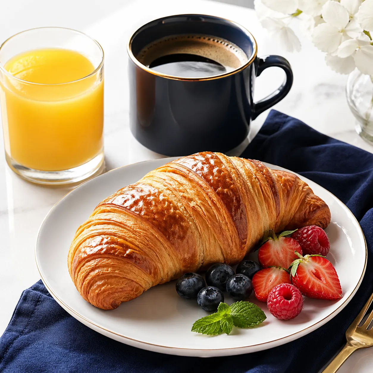 frisches fruehstueck mit orangensaft croissant und kaffee auf weissem tisch