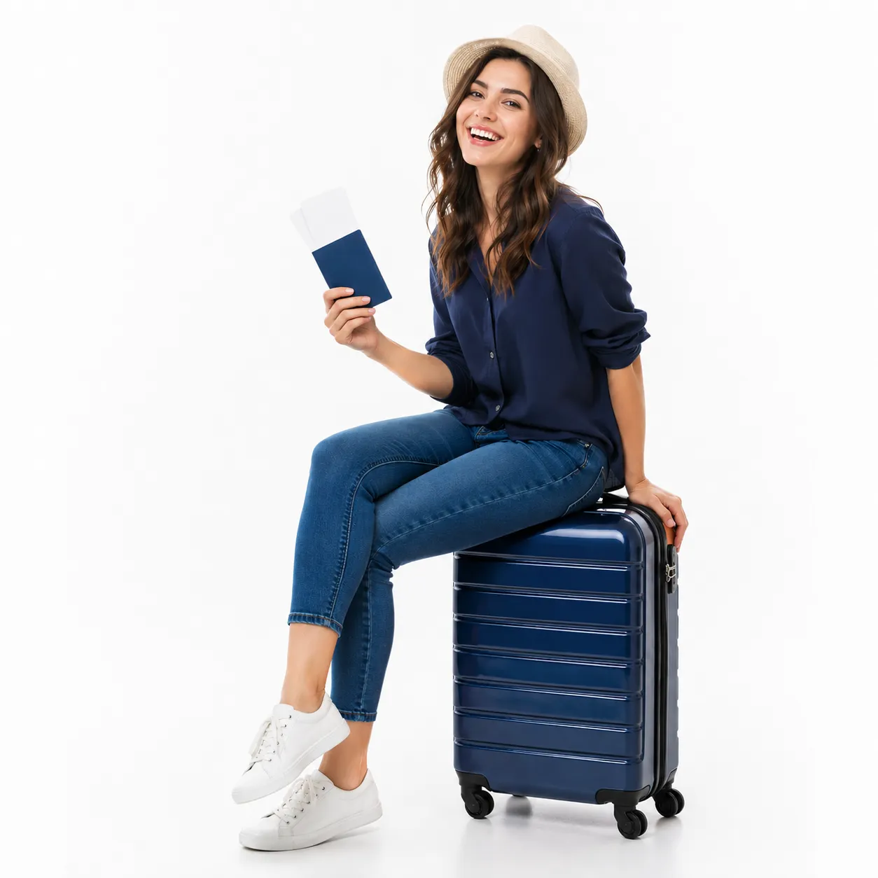 frau mit koffer und reisedokumenten reisen und urlaub lifestyle