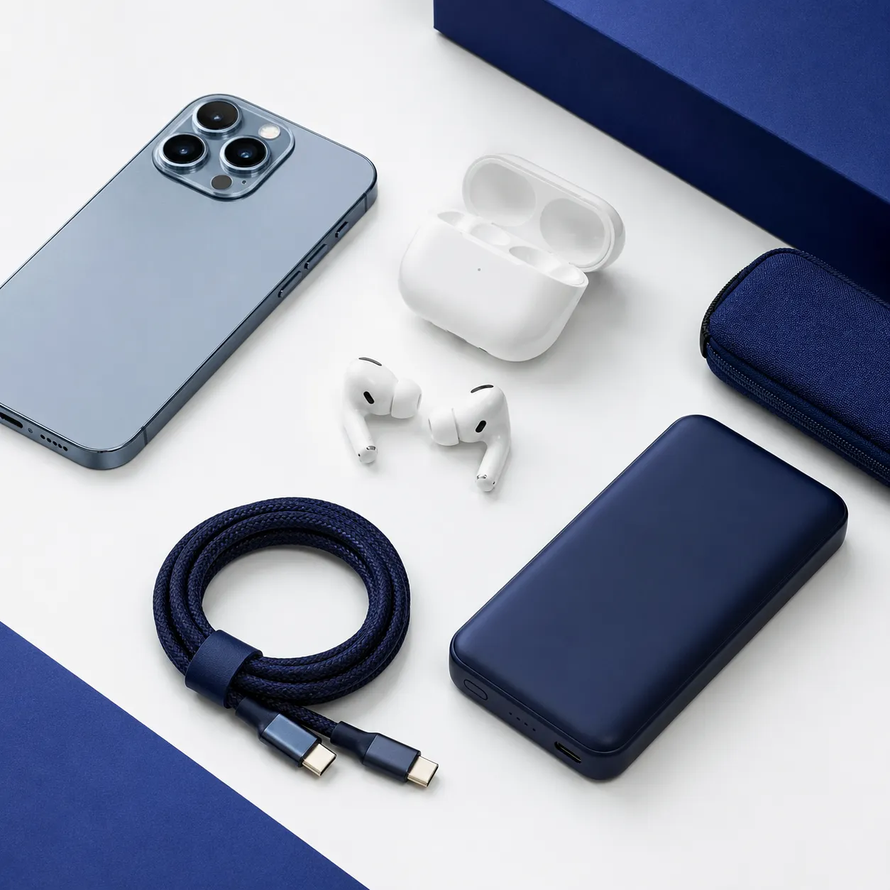 modernes smartphone mit wireless earbuds und ladekabel in navy blue