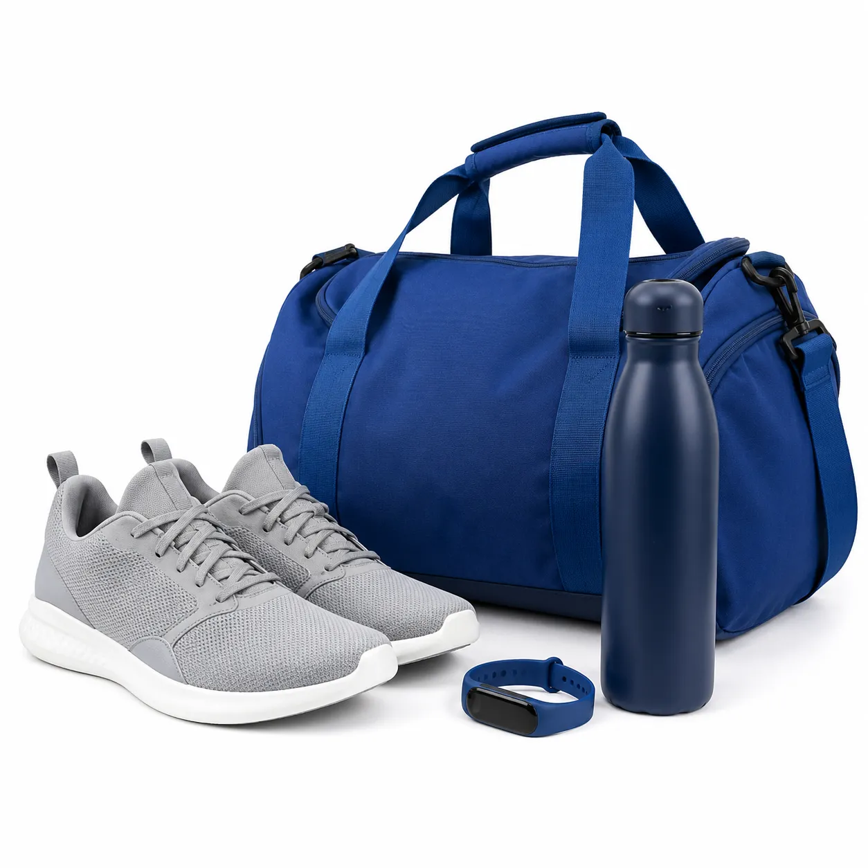 sport schuhe wasserflasche und fitness tracker in navy blue und royal blue